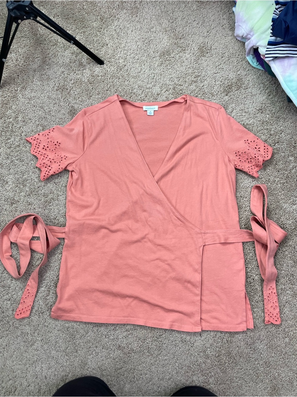 Sundance Tie-Waist Wrap Top with Eyelet Short Sleeves